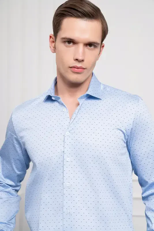 Modazone Men's BLUE Cotton Printed Patterned Italian Collar Slim Fit Shirt - 4