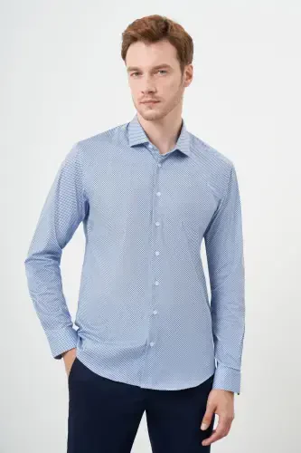 Modazone Men's Blue Cotton Printed Patterned Italian Collar Slim Fit Shirt - 3