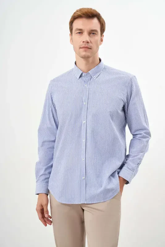 Modazone Men's Blue Cotton Striped Panel Button-Down Collar Regular Fit Shirt - 1