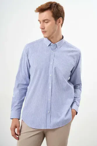Modazone Men's Blue Cotton Striped Panel Button-Down Collar Regular Fit Shirt - 2