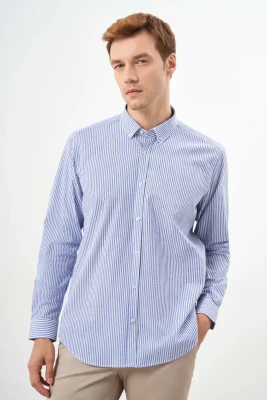 Modazone Men's Blue Cotton Striped Panel Button-Down Collar Regular Fit Shirt - 3