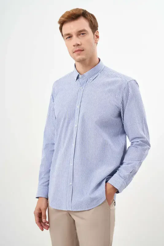 Modazone Men's Blue Cotton Striped Panel Button-Down Collar Regular Fit Shirt - 4