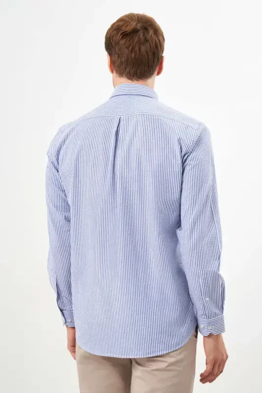 Modazone Men's Blue Cotton Striped Panel Button-Down Collar Regular Fit Shirt - 6