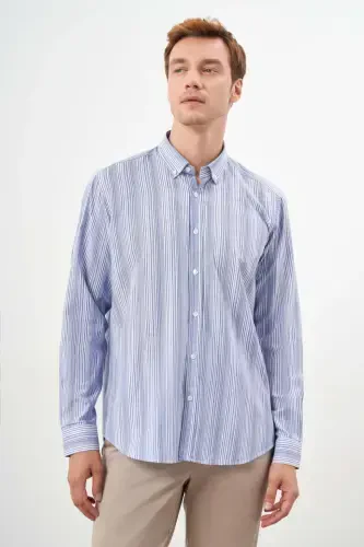 Modazone Men's Blue Cotton Striped-Paneled Button-Down Collar Regular Fit Shirt - 1