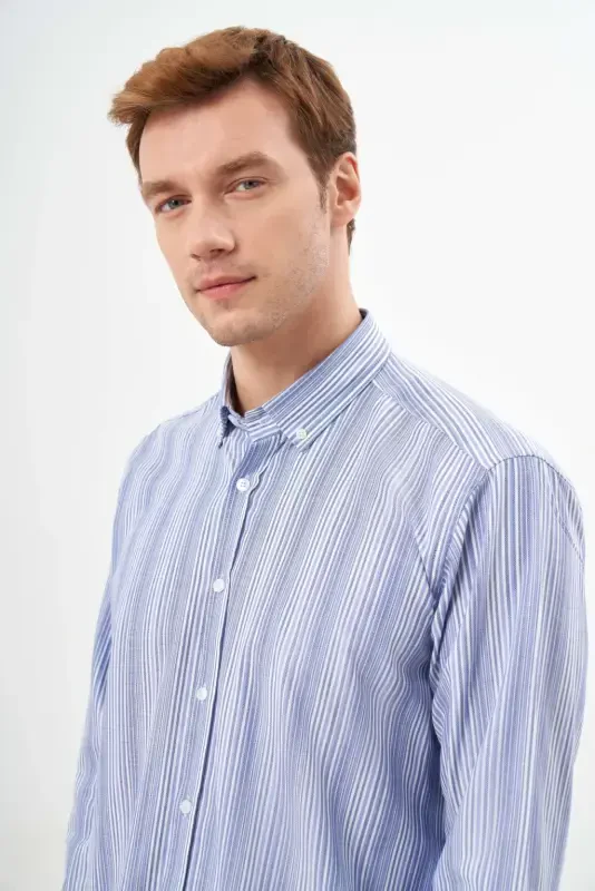 Modazone Men's Blue Cotton Striped-Paneled Button-Down Collar Regular Fit Shirt - 2