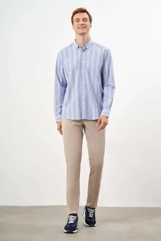 Modazone Men's Blue Cotton Striped-Paneled Button-Down Collar Regular Fit Shirt - 3