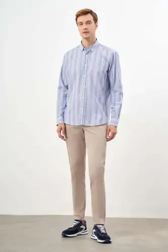 Modazone Men's Blue Cotton Striped-Paneled Button-Down Collar Regular Fit Shirt - 4