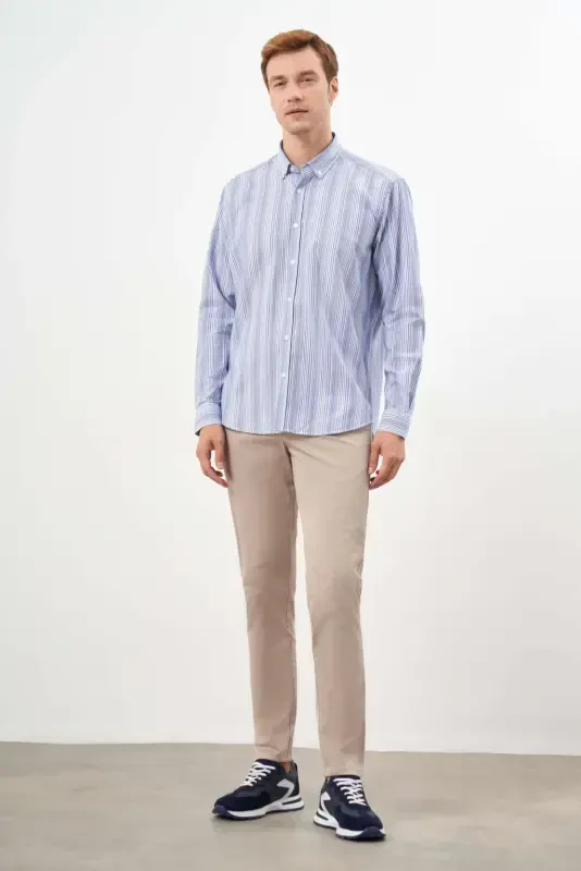 Modazone Men's Blue Cotton Striped-Paneled Button-Down Collar Regular Fit Shirt - 4