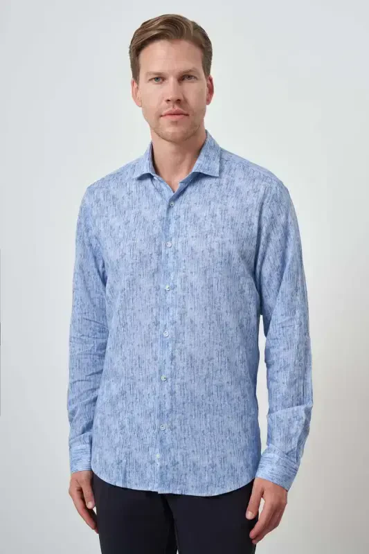 Modazone Men's Blue Linen Trend Dynamic Fit Button-Down Collar Shirt - 1