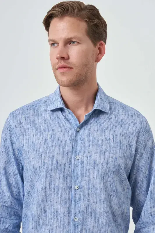 Modazone Men's Blue Linen Trend Dynamic Fit Button-Down Collar Shirt - 3