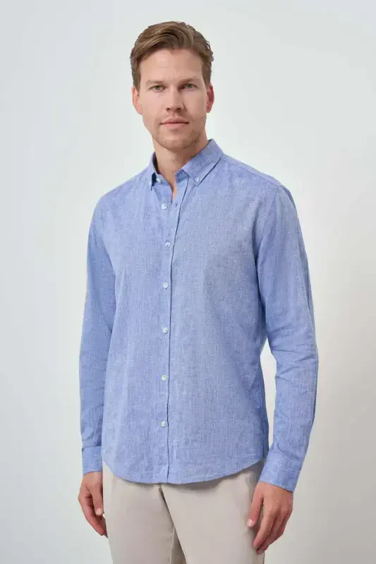 Modazone Men's Blue Linen Trend Dynamic Fit Button-Down Collar Shirt - 1