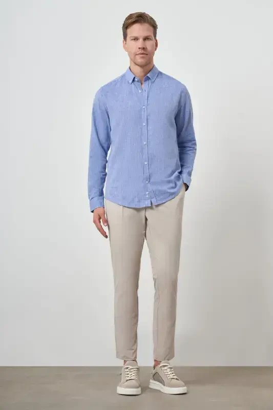 Modazone Men's Blue Linen Trend Dynamic Fit Button-Down Collar Shirt - 2