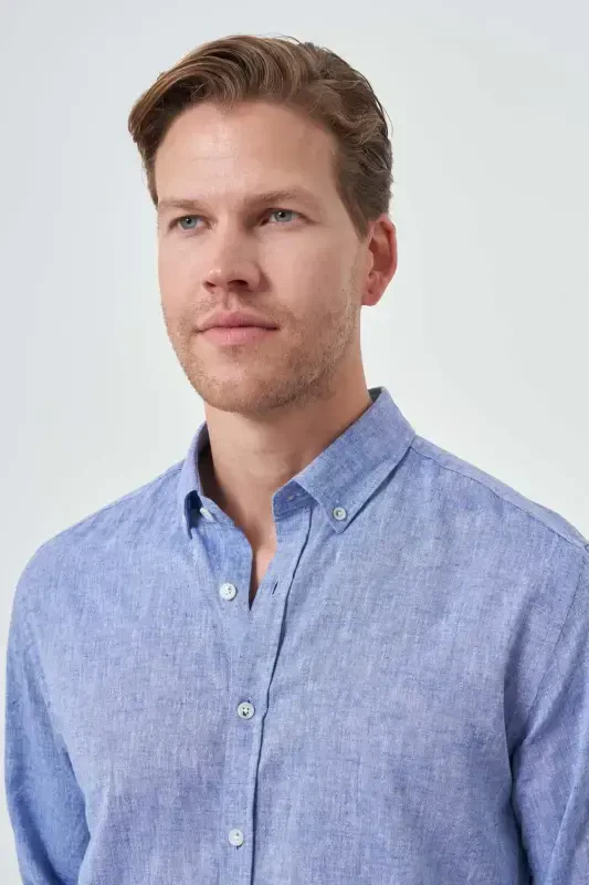 Modazone Men's Blue Linen Trend Dynamic Fit Button-Down Collar Shirt - 3