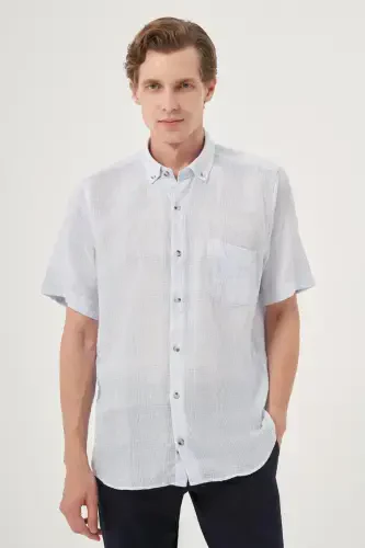 Modazone Men's BLUE Linen Trend Regular Fit Button-Down Collar Short Sleeve Shirt - 1