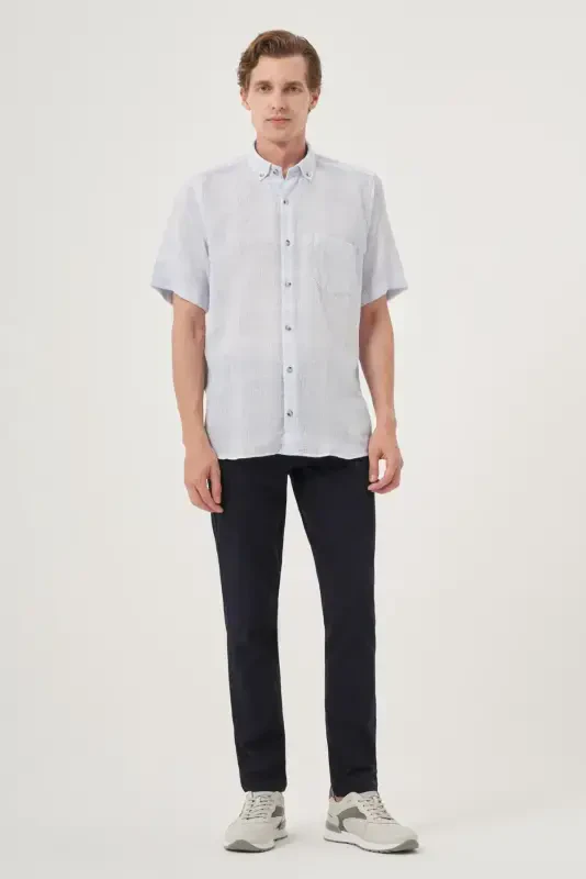 Modazone Men's BLUE Linen Trend Regular Fit Button-Down Collar Short Sleeve Shirt - 4