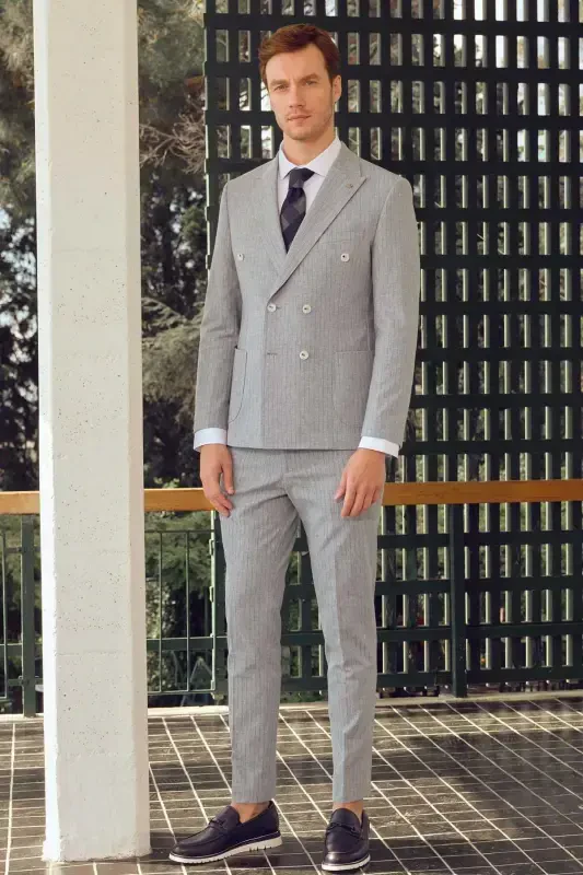 Modazone Men's Blue Linen Trend Slim Fit Pointed Collar Suit - 2