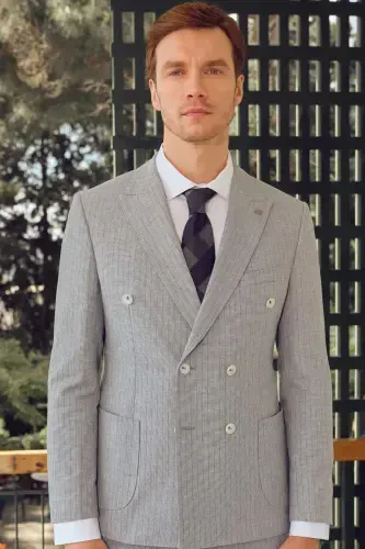 Modazone Men's Blue Linen Trend Slim Fit Pointed Collar Suit - 3