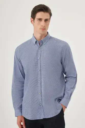 Modazone Men's Blue Linen Trendy Patterned Regular Fit Button-Down Collar Shirt - 1