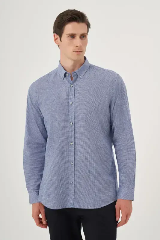 Modazone Men's Blue Linen Trendy Patterned Regular Fit Button-Down Collar Shirt - 2