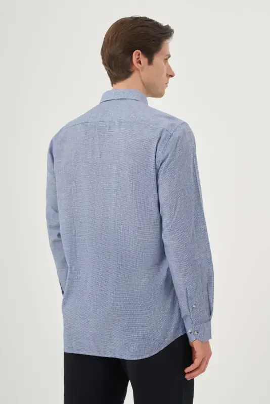 Modazone Men's Blue Linen Trendy Patterned Regular Fit Button-Down Collar Shirt - 5