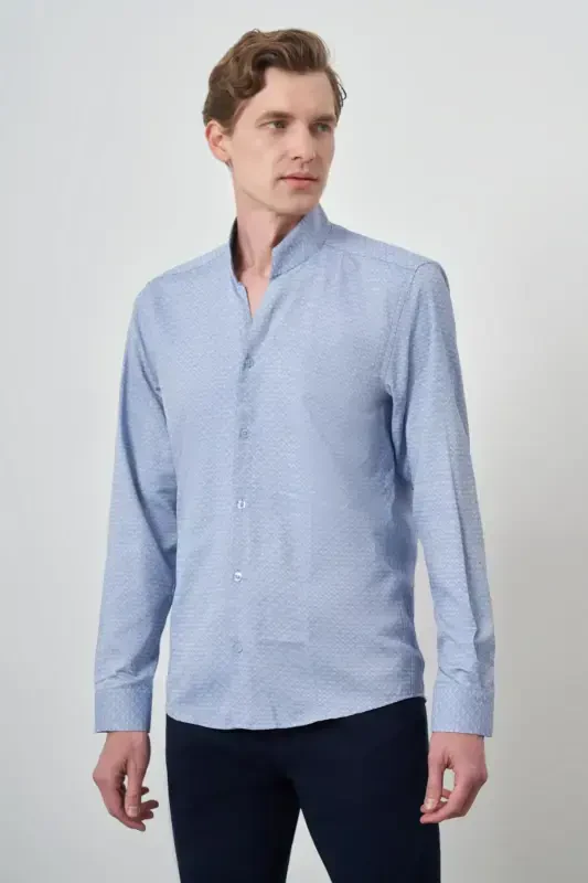 Modazone Men's Blue Slim Fit Stand Collar Shirt - MORVEN