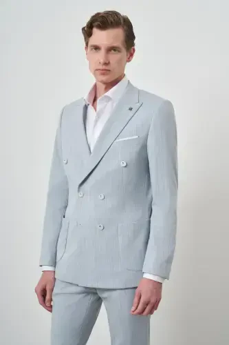 Modazone Men's BLUE Striped Pattern Double Breasted Slim Fit Pointed Collar Suit - 4