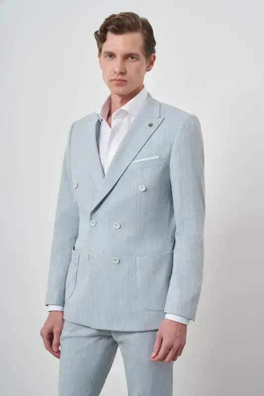 Modazone Men's BLUE Striped Pattern Double Breasted Slim Fit Pointed Collar Suit - 4