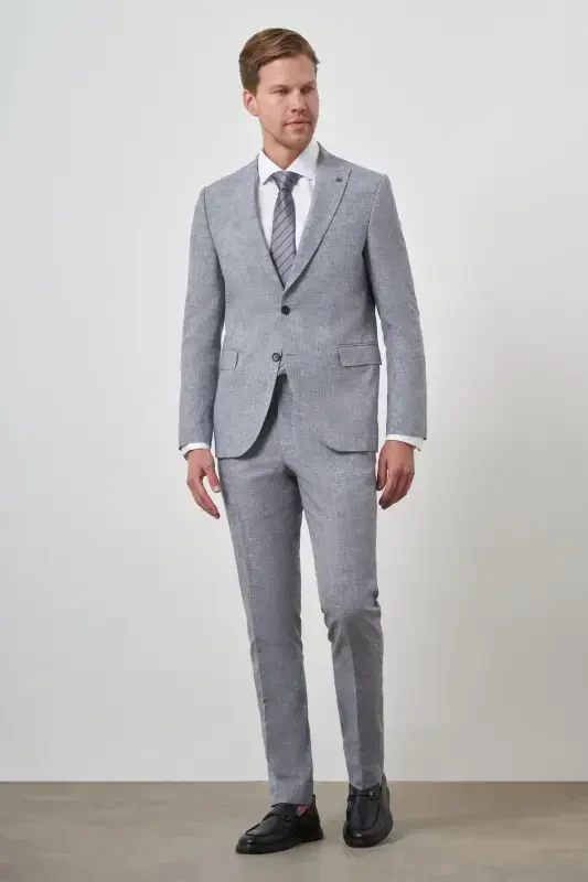 Modazone Men's Blue Tend Linen Slim Fit Pointed Collar Suit - 3