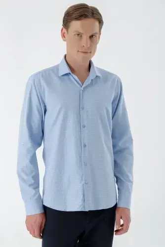 Modazone Men's Blue Trend Printed Patterned Italian Collar Slim Fit Shirt - 1