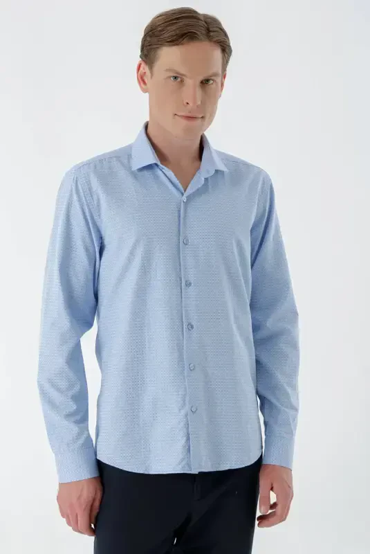 Modazone Men's Blue Trend Printed Patterned Italian Collar Slim Fit Shirt - 1