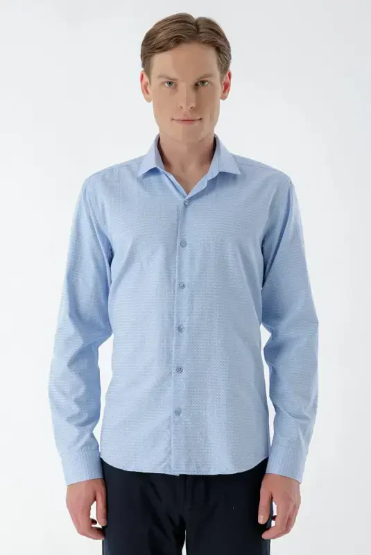 Modazone Men's Blue Trend Printed Patterned Italian Collar Slim Fit Shirt - 5