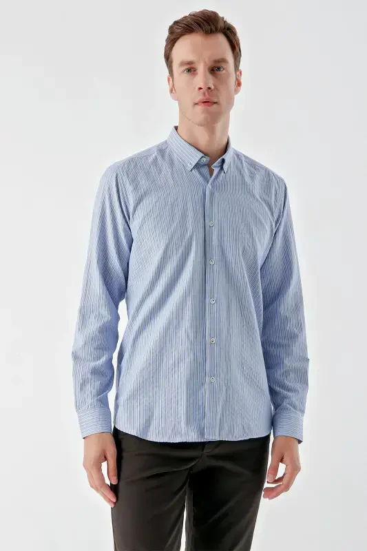 Modazone Men's Blue Trendy Striped Pattern Button-Down Collar Regular Fit Shirt - 2