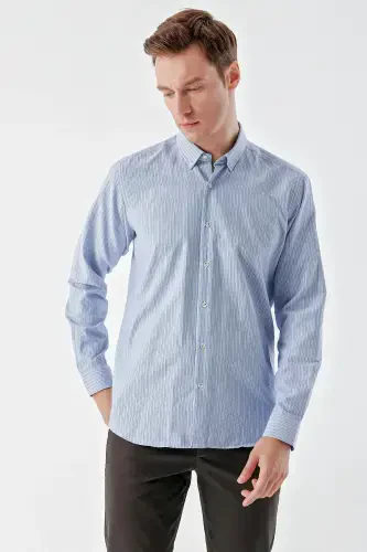 Modazone Men's Blue Trendy Striped Pattern Button-Down Collar Regular Fit Shirt - 3