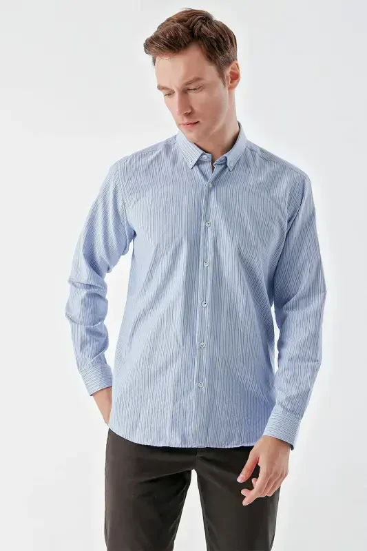Modazone Men's Blue Trendy Striped Pattern Button-Down Collar Regular Fit Shirt - 3