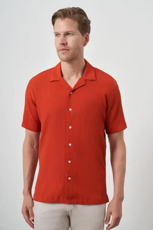 Modazone Men's Brick Red Apache Collar Short Sleeve Shirt - 1
