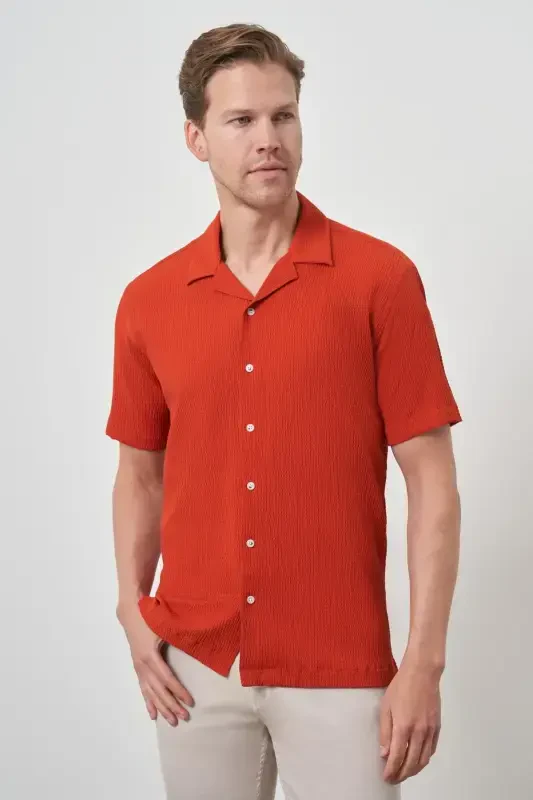Modazone Men's Brick Red Apache Collar Short Sleeve Shirt - 3