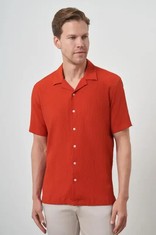 Modazone Men's Brick Red Apache Collar Short Sleeve Shirt - 4