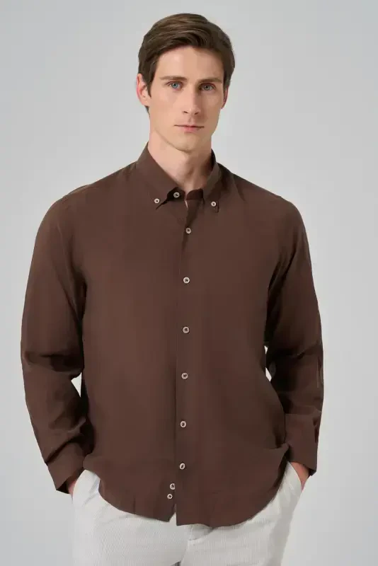 Modazone Men's BROWN Dynamic Fit Button-Down Collar Modal Shirt - 1