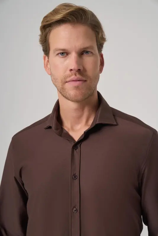 Modazone Men's BROWN Trend Plain Slim Fit Full Italian Collar Shirt - 3