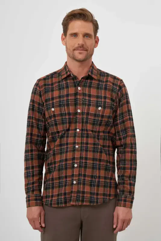 Modazone Men's BROWN Trendy Plaid Regular Fit Button-Down Collar Lumberjack Shirt - 1