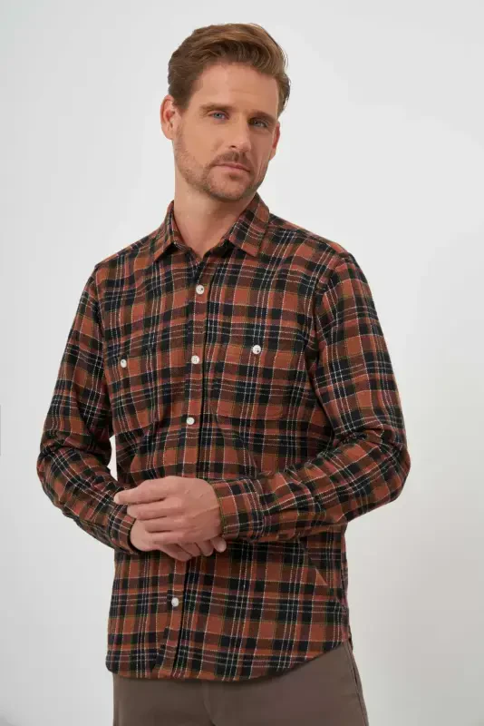 Modazone Men's BROWN Trendy Plaid Regular Fit Button-Down Collar Lumberjack Shirt - 3