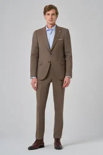 Modazone Men's BROWN Wool Slim Fit Single Collar Suit 