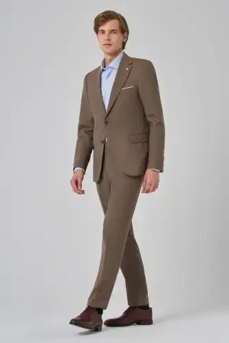 Modazone Men's BROWN Wool Slim Fit Single Collar Suit - 2