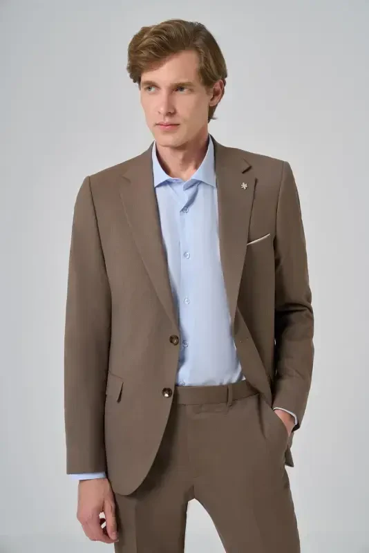 Modazone Men's BROWN Wool Slim Fit Single Collar Suit - 4