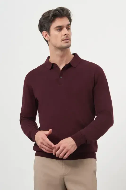 Modazone Men's Burgundy Basic Polo Collar Dynamic Fit Comfort Fit Knitwear - 2