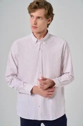 Modazone Men's Burgundy Cotton Striped Panel Buttoned Collar Regular Fit Shirt - 2