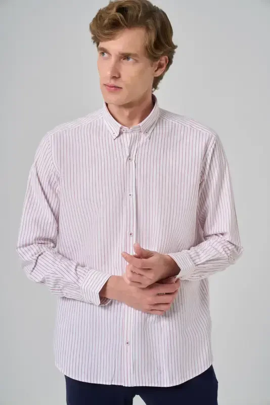 Modazone Men's Burgundy Cotton Striped Panel Buttoned Collar Regular Fit Shirt - 2