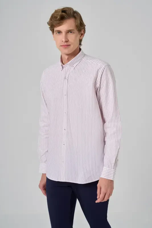 Modazone Men's Burgundy Cotton Striped Panel Buttoned Collar Regular Fit Shirt - 3