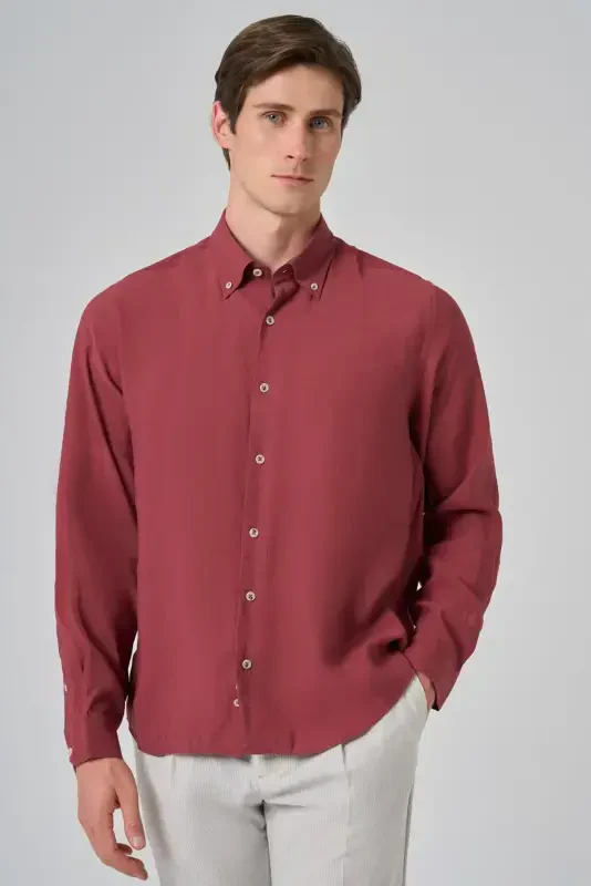 Modazone Men's Burgundy Dynamic Fit Button-Down Collar Modal Shirt - 1