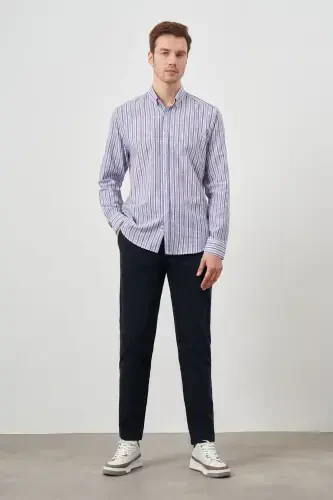 Modazone Men's Burgundy Linen Panelled Buttoned Collar Regular Fit Shirt - 1